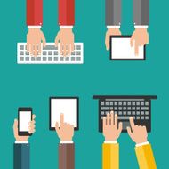 Hand holding and touching computer keyboard laptop smart phone