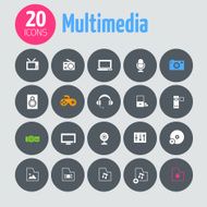 Minimalistic multimedia icons on dark gray circles
