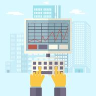 Retro Business Hands Keyboard and PC Monitor with Financial Infographics