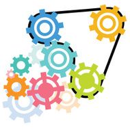 Cartoon image of interlocking gears in various colors