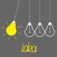 Hanging yellow light bulbs Perpetual motion Idea concept Grey background