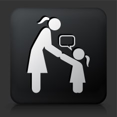 Black Square Button with Girl Talking to Mom N2