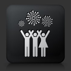 Black Square Button with People and Fireworks