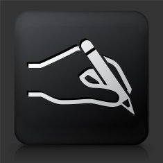 Black Square Button with Hand Holding a Pencil
