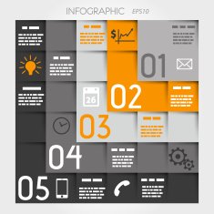 orange five L options square infographic with icons