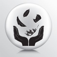 Round Icon With Two Hands Cupping Falling Leaves Silhouette
