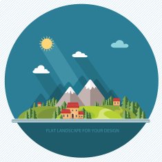 Landscape Houses in the mountains among trees Flat style N12