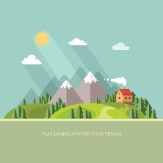 Landscape Houses in the mountains among trees Flat style N13