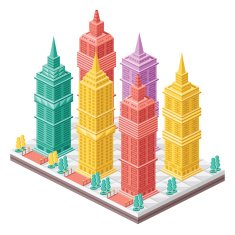 Vector isometric city map with colorful skyscrapers