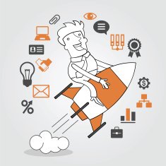 Man sitting on a rocket surrounded by icons