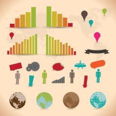 Mixed icon set including diagrams globes pins and other elements