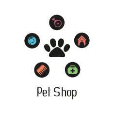 Pet shop logo with pet paw and what dog needs