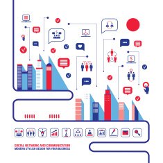 City social network Urban landscape filled with business icons N6