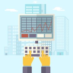 Retro Business Hands Keyboard and PC Monitor with Financial Infographics