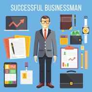 Successful businessman business stuff flat illustration and icons set