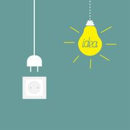 Hanging yellow light bulb socket cord plug Idea concept Flat