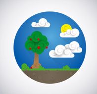 Round Landscape illustration Clouds sun apples tree Flat design icon