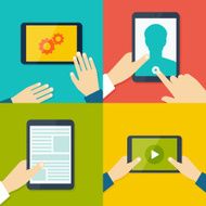Tablet pc in human hands Flat style illustration