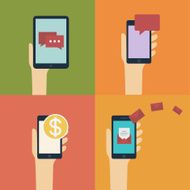 Hand holding smart mobile phone and tablet Vector flat