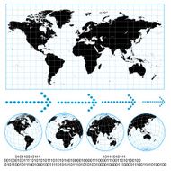gridded world map and wireframe globes