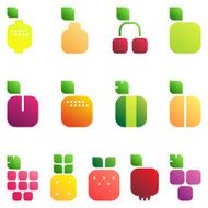 Set of fruits and berries with leaves Shiny style icons