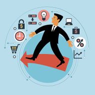 Cartoon man with arrow path and business icons N2