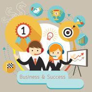 Businessman Male and Female Show Presentation with Icons N2