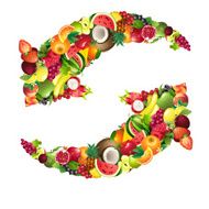 Arrows composed of different fruits with leaves