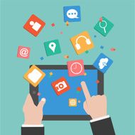 Vector Hands touching a tablet with Social Marketing icon