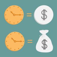 Clock and dollar coin bag Icons Time is money