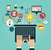 Human hand with a laptop surrounded by icons