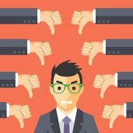 Angry businessman and many hands with thumbs down