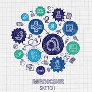 Medical hand drawing connected icons Vector doodle interactive pictogram set N2