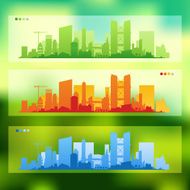 City skyline banners on blurred background