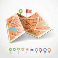 Folded abstract city map with collection of color point pins N2