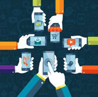 Hands holding mobile phone with icons