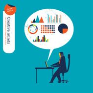 Businessman checking his laptop with speech bubble and charts