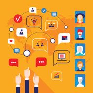 Hands pointing on people avatars and business icons for web N2