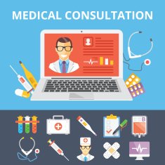 Medical consultation flat illustration and medical icons set