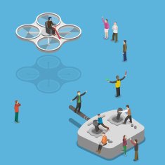 Flying quadcopter isometric flat vector concept