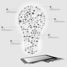 Light bulb social media with Gray education icon on Tablet N2