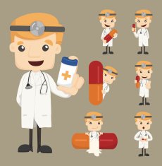 Set of doctor characters poses with the pill