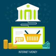 flat internet money on laptop from bank background design concept