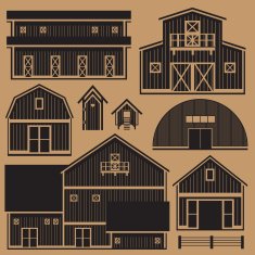 Buildings set with farm - monochrome