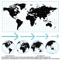 gridded world map and wireframe globes