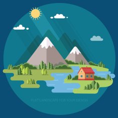 Houses in the mountains among trees Flat design style