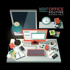 flat 3d isometric night office routine illustration