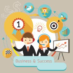 Businessman Male and Female Show Presentation with Icons N2