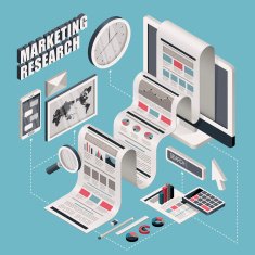 flat 3d isometric marketing research illustration