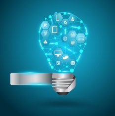 Vector light bulb with technology business network process diagram